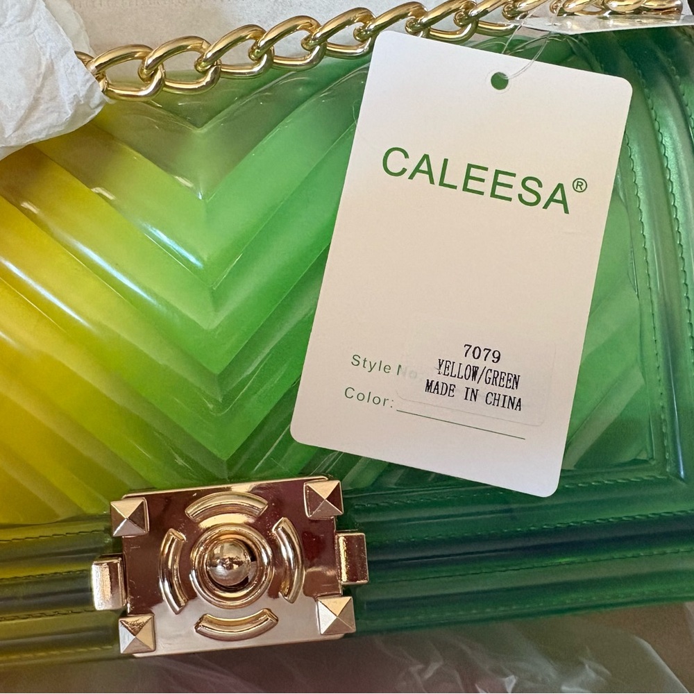 Caleesa Vibrant Green and Yellow Jelly Bag with Gold Chain